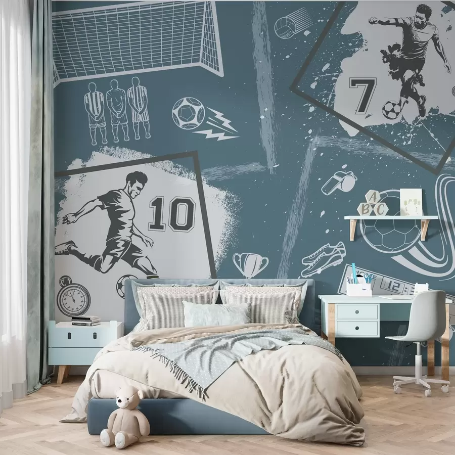 murais de parede Jogadores de futebol, bola e outros atributos do futebol em tons de azul w03122