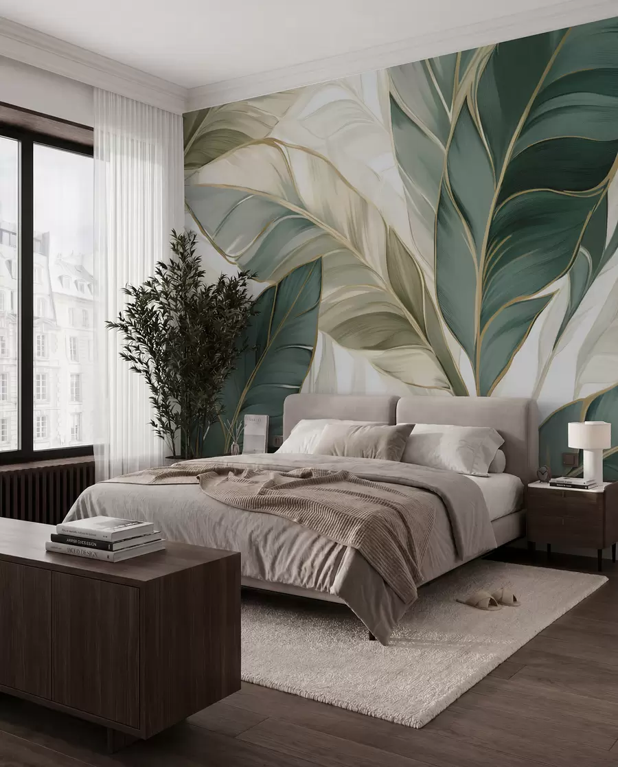 murais de parede Folhas tropicais verdes em um fundo cinza e branco w03124