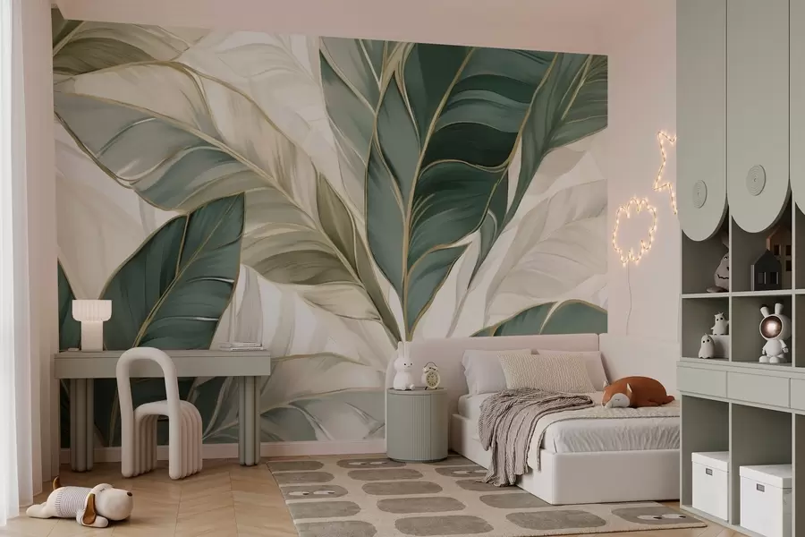 murais de parede Folhas tropicais verdes em um fundo cinza e branco w03124