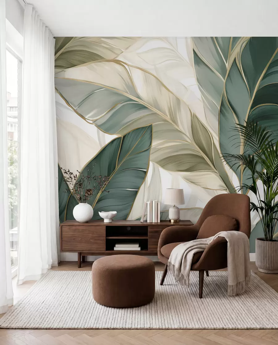 murais de parede Folhas tropicais verdes em um fundo cinza e branco w03124