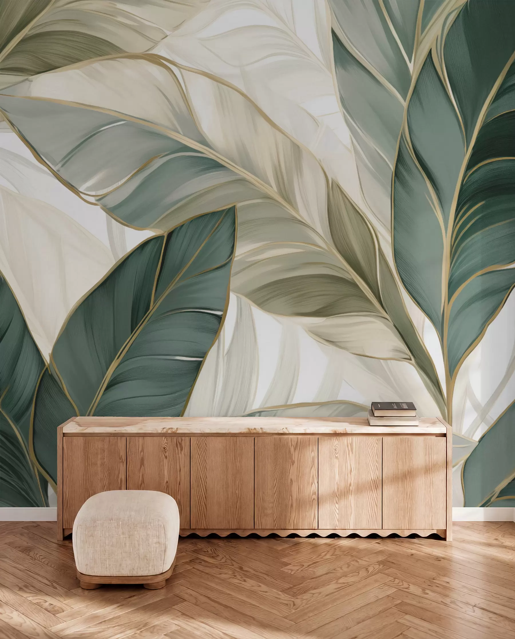 murais de parede Folhas tropicais verdes em um fundo cinza e branco w03124