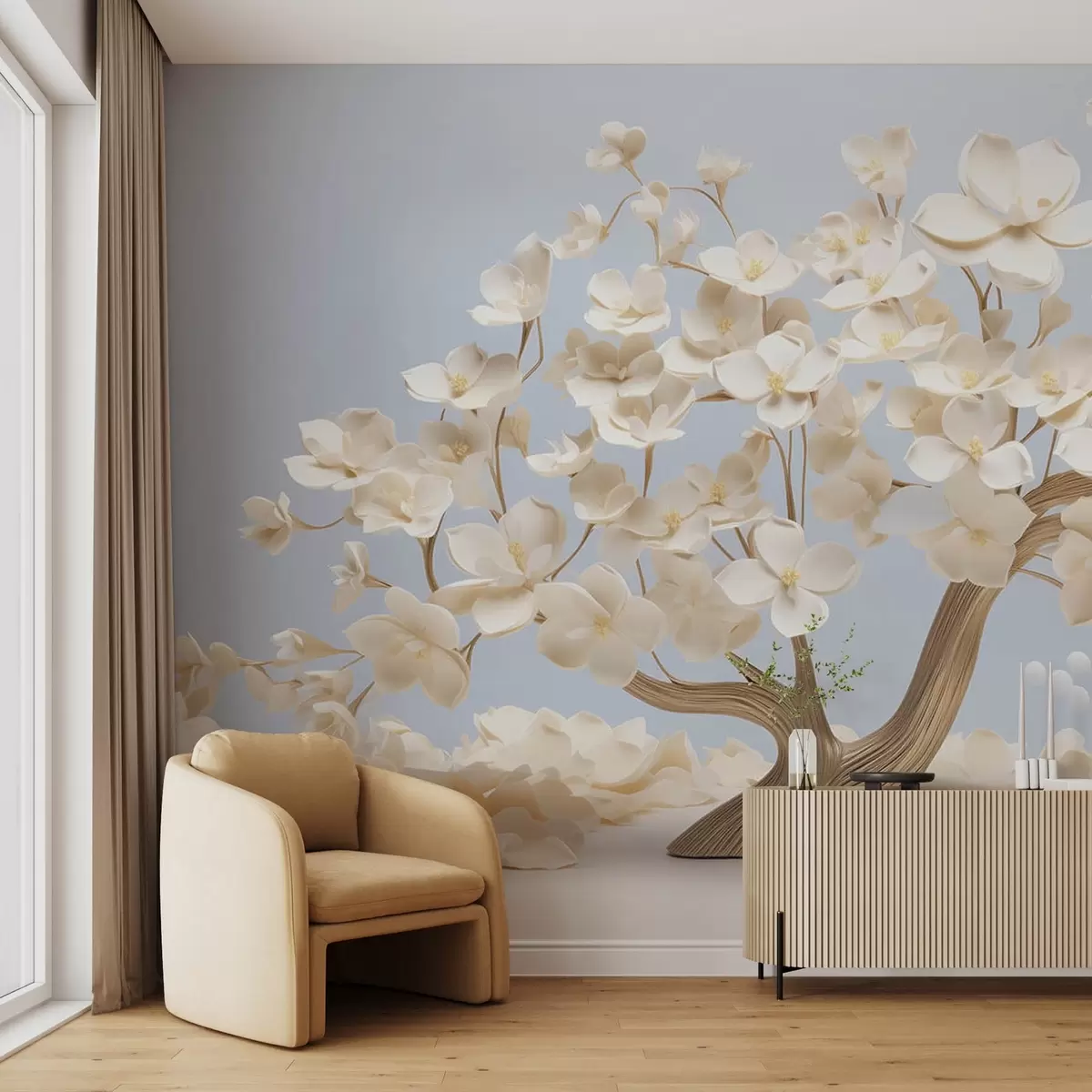 murais de parede Árvore com flores delicadas em um fundo azul claro w08793
