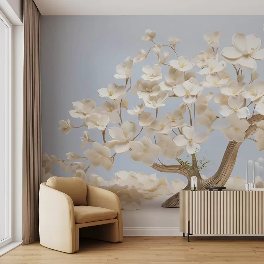 murais de parede Árvore com flores delicadas em um fundo azul claro w08793