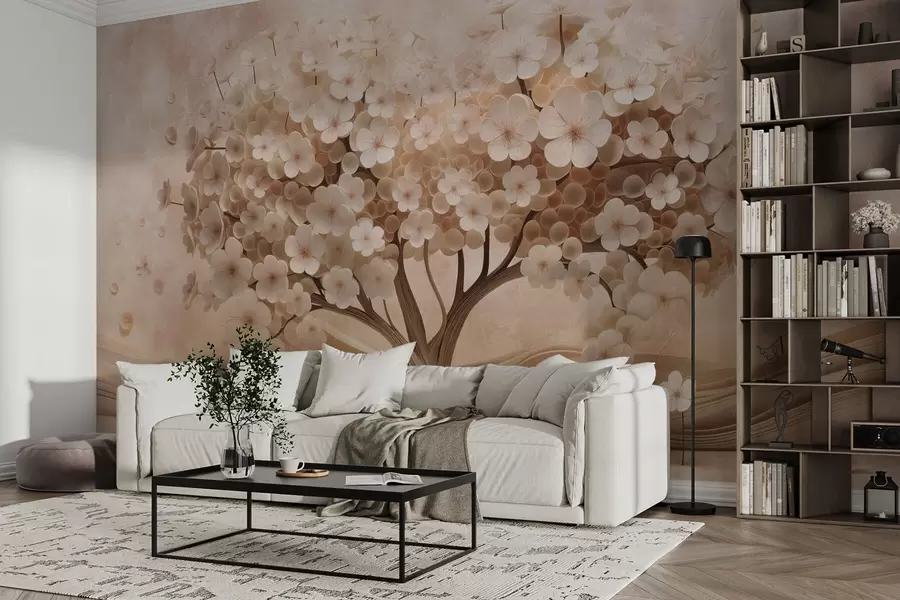 murais de parede Árvore abstrata com pequenas flores no fundo de uma parede envelhecida w08794