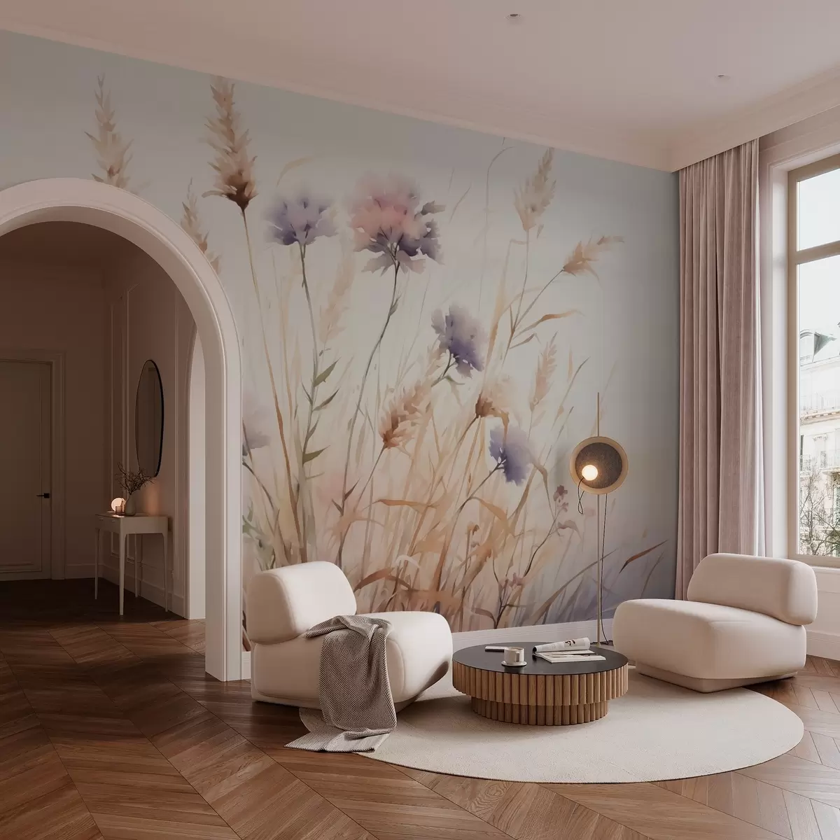 murais de parede Flores silvestres na grama seca, imitação de aquarela w03174