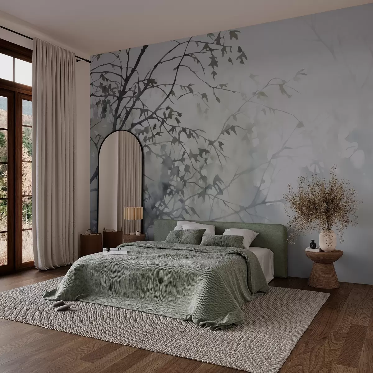 murais de parede Silhuetas de galhos de árvores e sombras imitando aquarela w03175