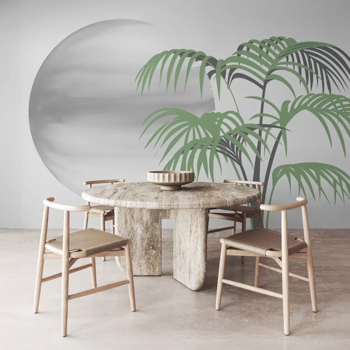 murais de parede Palmeira em um fundo pontilhado, em tons de cinza e verde w03185v1