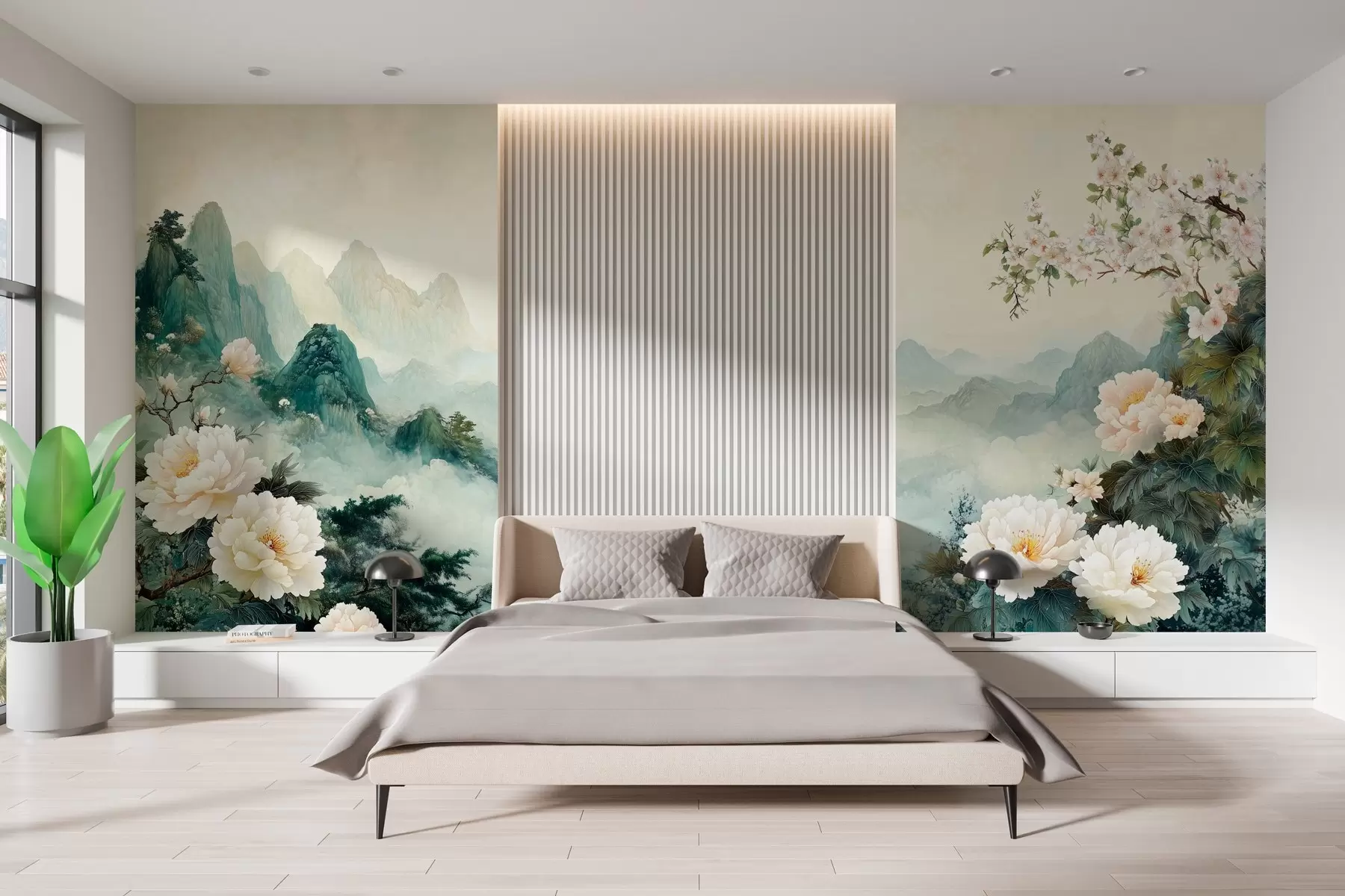 murais de parede paisagem com flores e colinas em estilo oriental w03111