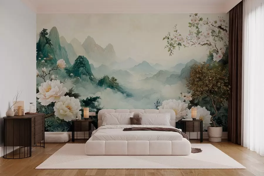 murais de parede paisagem com flores e colinas em estilo oriental w03111