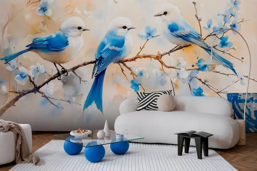 murais de parede pássaros canoros da primavera em um galho de árvore em estilo aquarela w03112