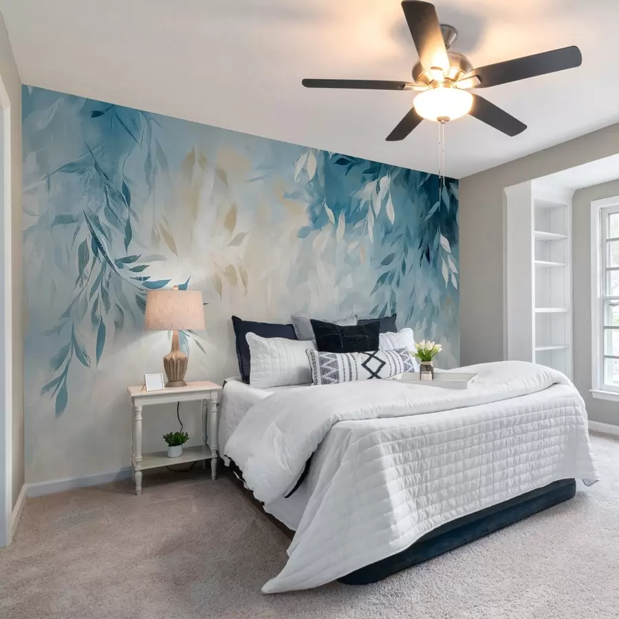 murais de parede folhas azuis abstratas com pinceladas no estilo de pintura a óleo w03114