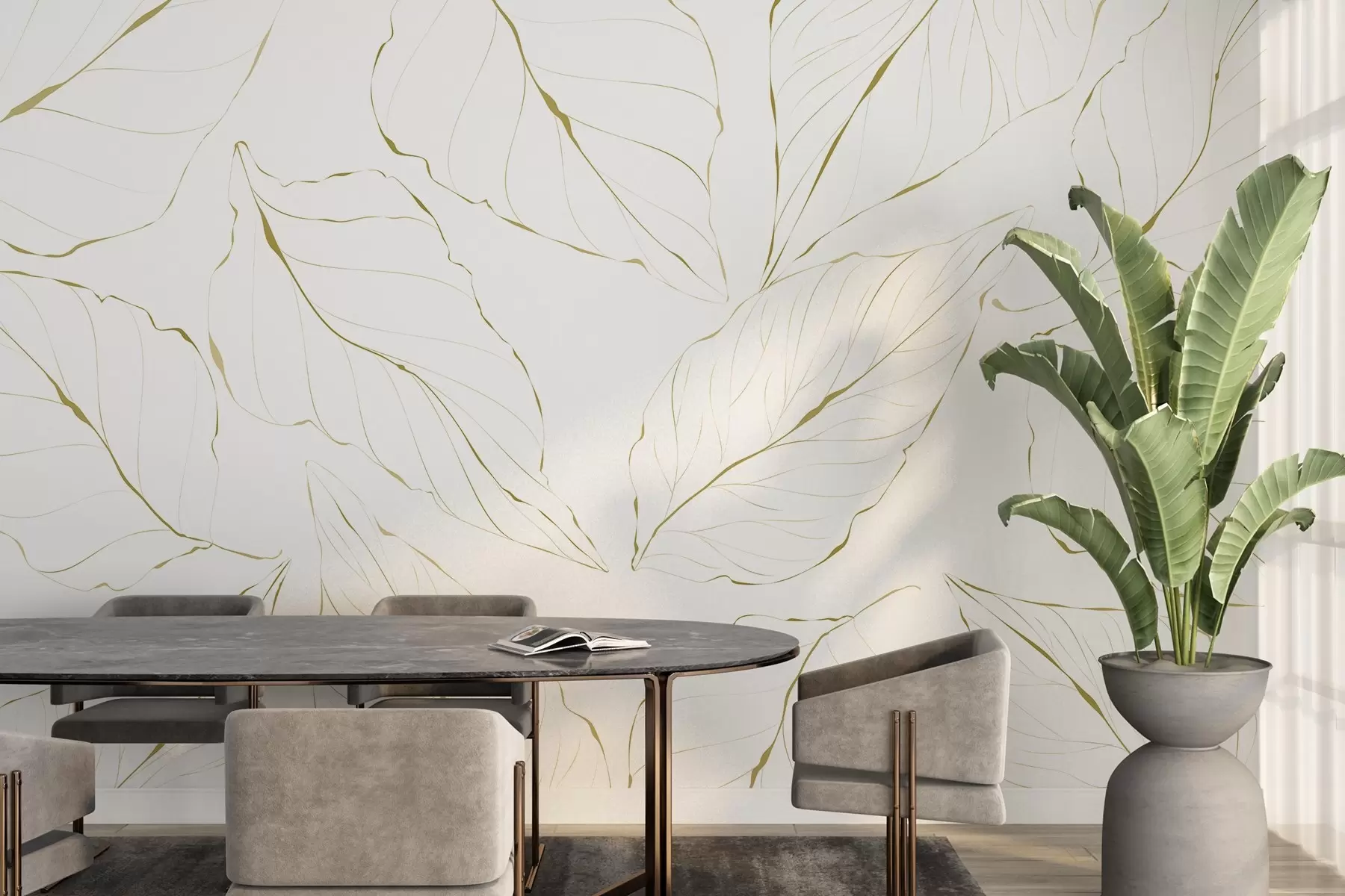 murais de parede Delicados desenhos de linhas de folhas em um fundo claro w03155