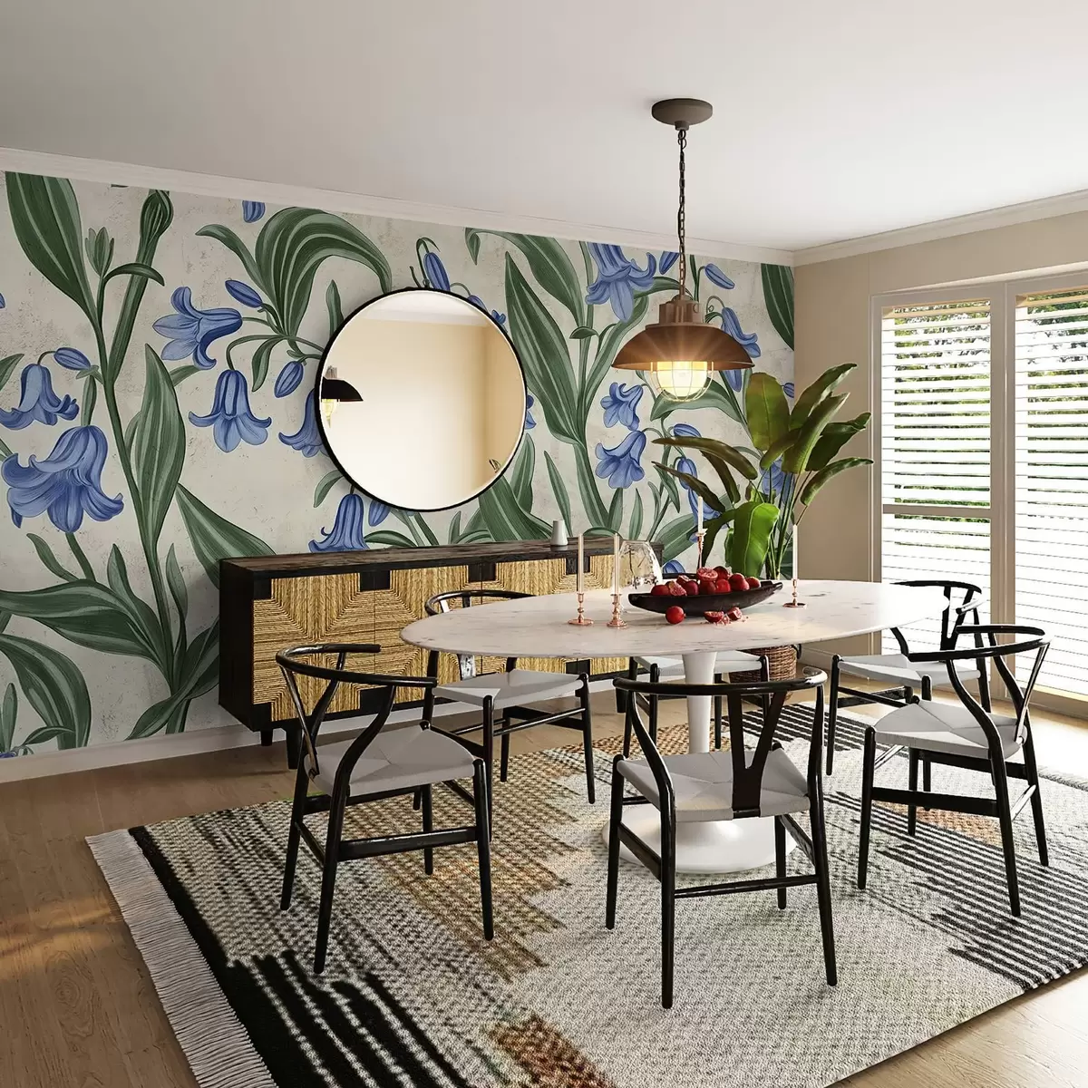 murais de parede Aquarela com detalhes de flores de sino na parede w03198