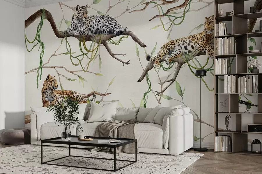 murais de parede Leopardos nas árvores da selva, cipós, tropical, animais selvagens, paleta de cores naturais w03146