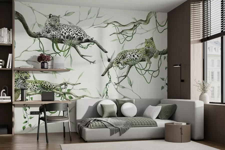 murais de parede Leopardos nas árvores da selva, cipós, tropical, animais selvagens, paleta de cores verde w03146v1
