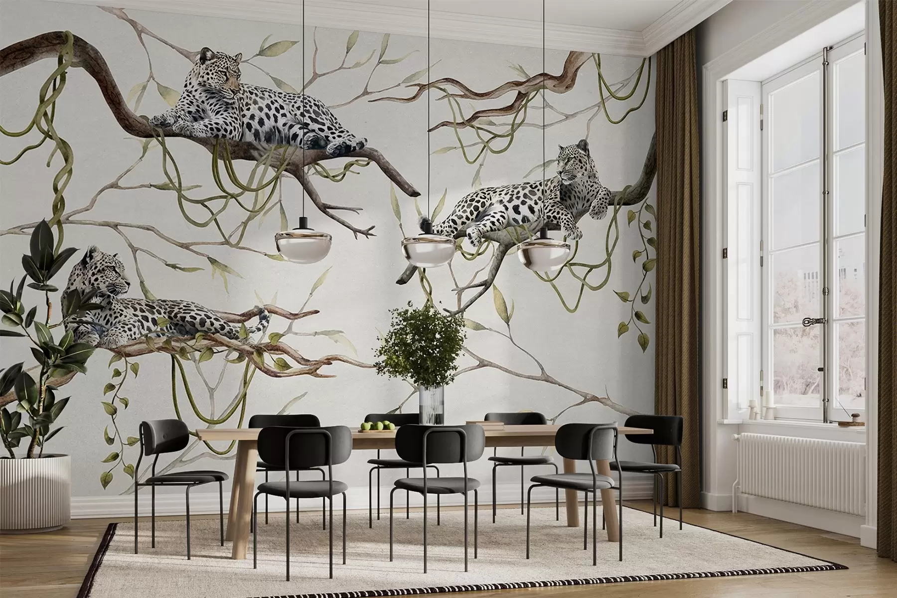 murais de parede Leopardos nas árvores da selva, cipós, tropical, animais selvagens, paleta de cores pastel w03146v4
