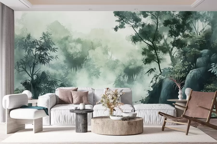 murais de parede Paisagem oriental, selva, árvores, estilo aquarela, cores verdes w03149