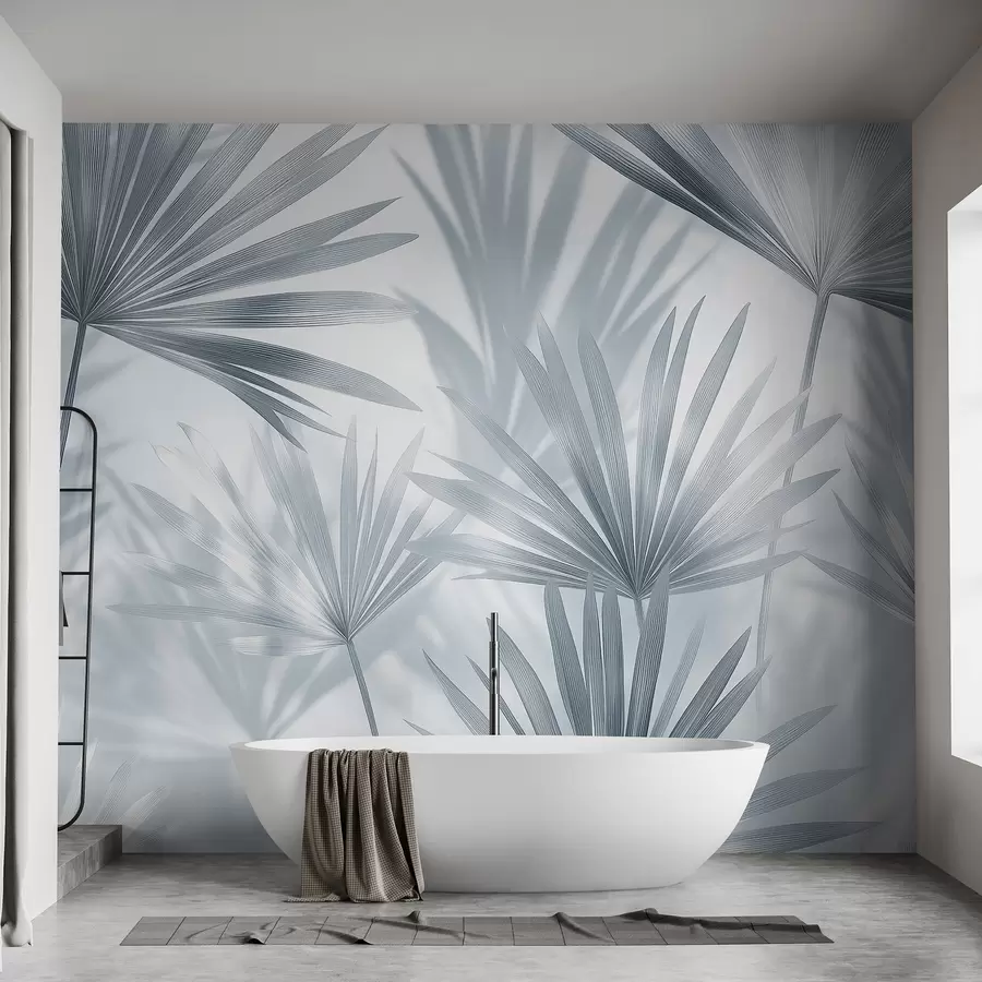 murais de parede Folhas de palmeira, padrão floral, minimalismo, tropical, cores cinza w03152v1