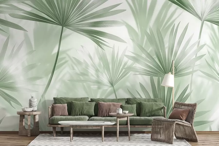 murais de parede Folhas de palmeira, padrão floral, minimalismo, tropical, cores verdes w03152v2