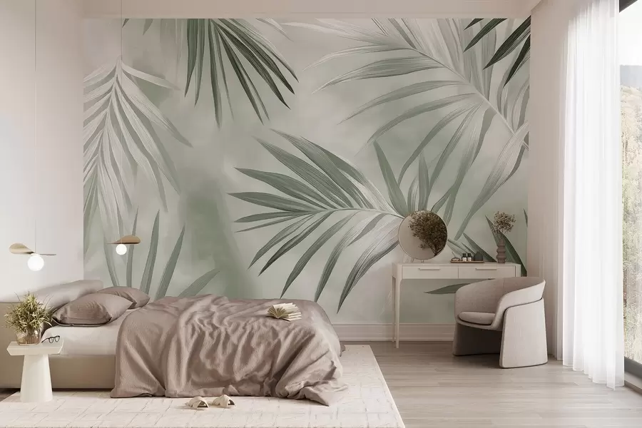 murais de parede Abstração de folhas tropicais, palmeira, paleta de cores verdes  w03153v2