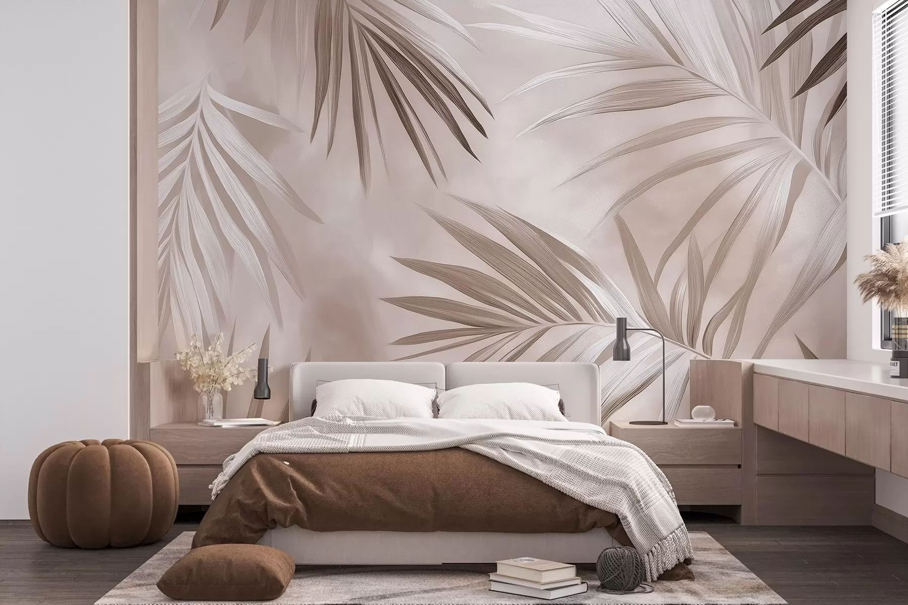 murais de parede Abstração de folhas tropicais, palmeira, paleta de cores bege  w03153v3