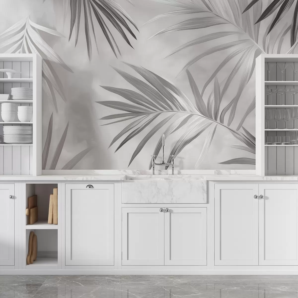 murais de parede Abstração de folhas tropicais, palmeira, paleta de cores cinza  w03153v4