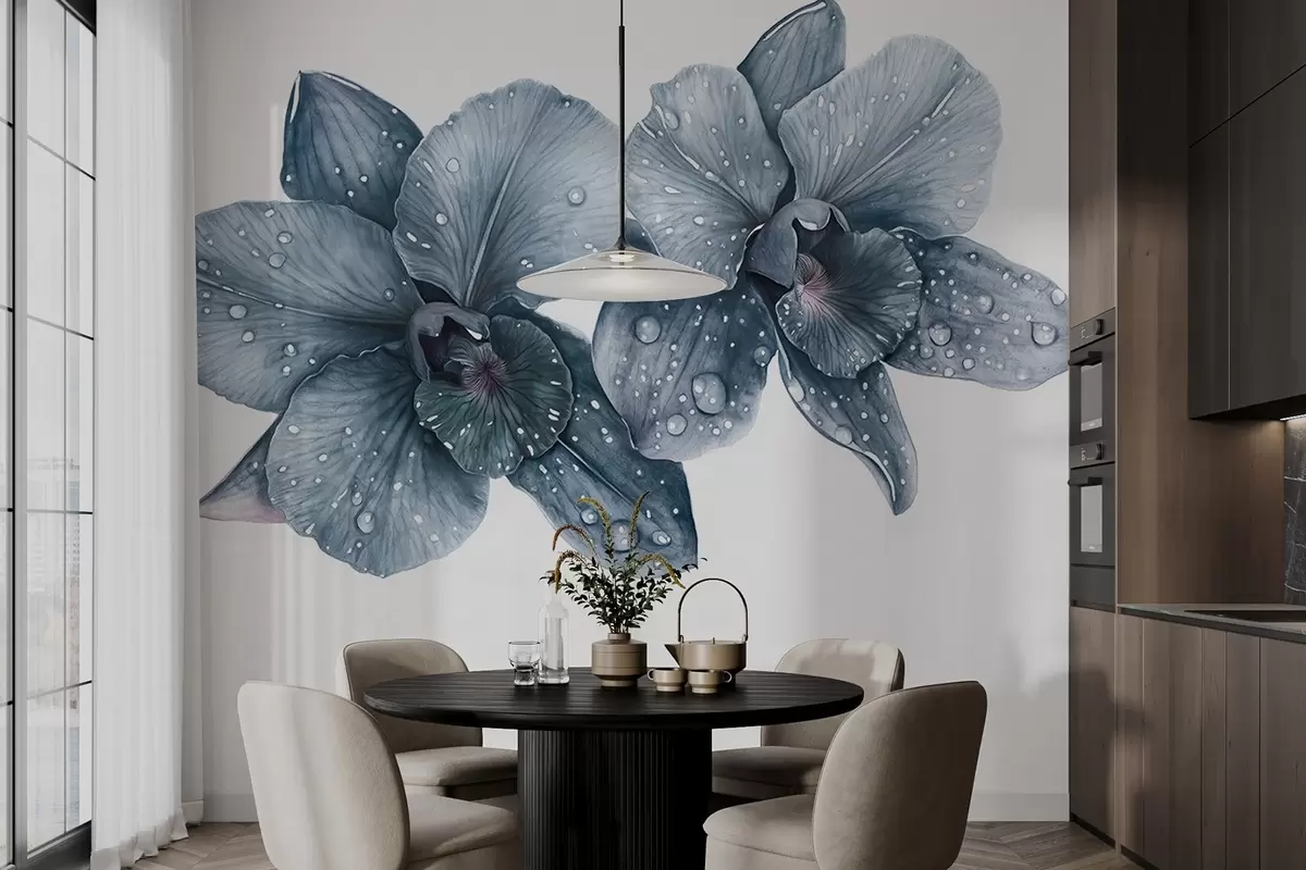 murais de parede Lindas flores de orquídea, desenho em estilo aquarela, cores azuis w03164v2