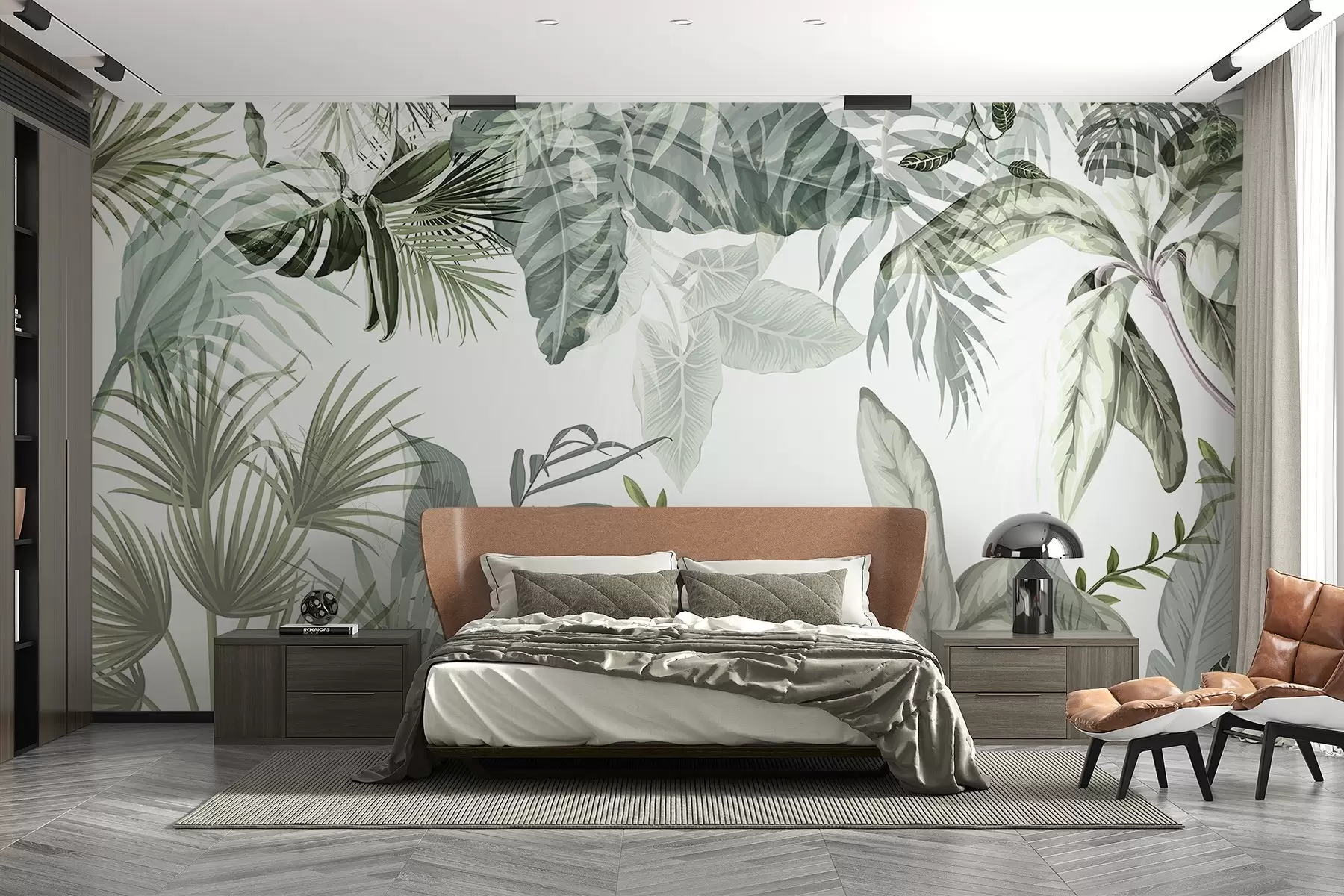 murais de parede Folhas tropicais transparentes em tons de verde em um fundo branco w08822