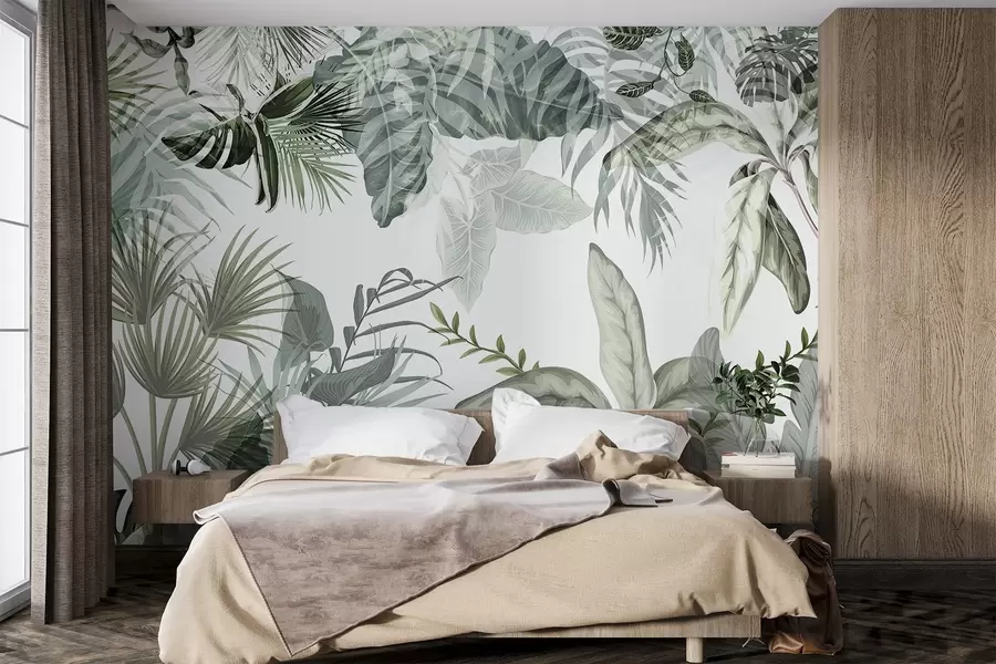 murais de parede Folhas tropicais transparentes em tons de verde em um fundo branco w08822