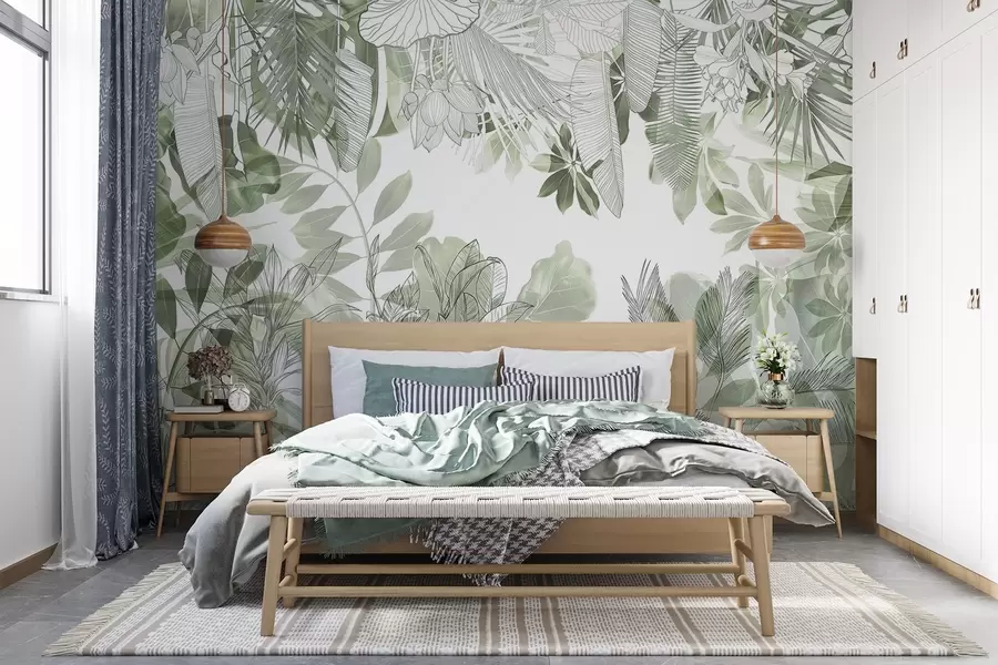 murais de parede Plantas e folhas tropicais com estampa de selva verde em um fundo branco w08823