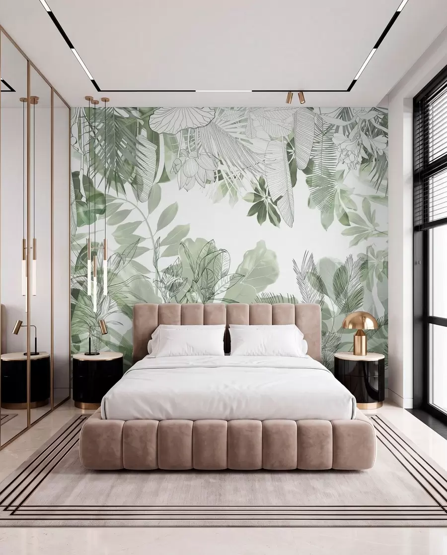 murais de parede Plantas e folhas tropicais com estampa de selva verde em um fundo branco w08823