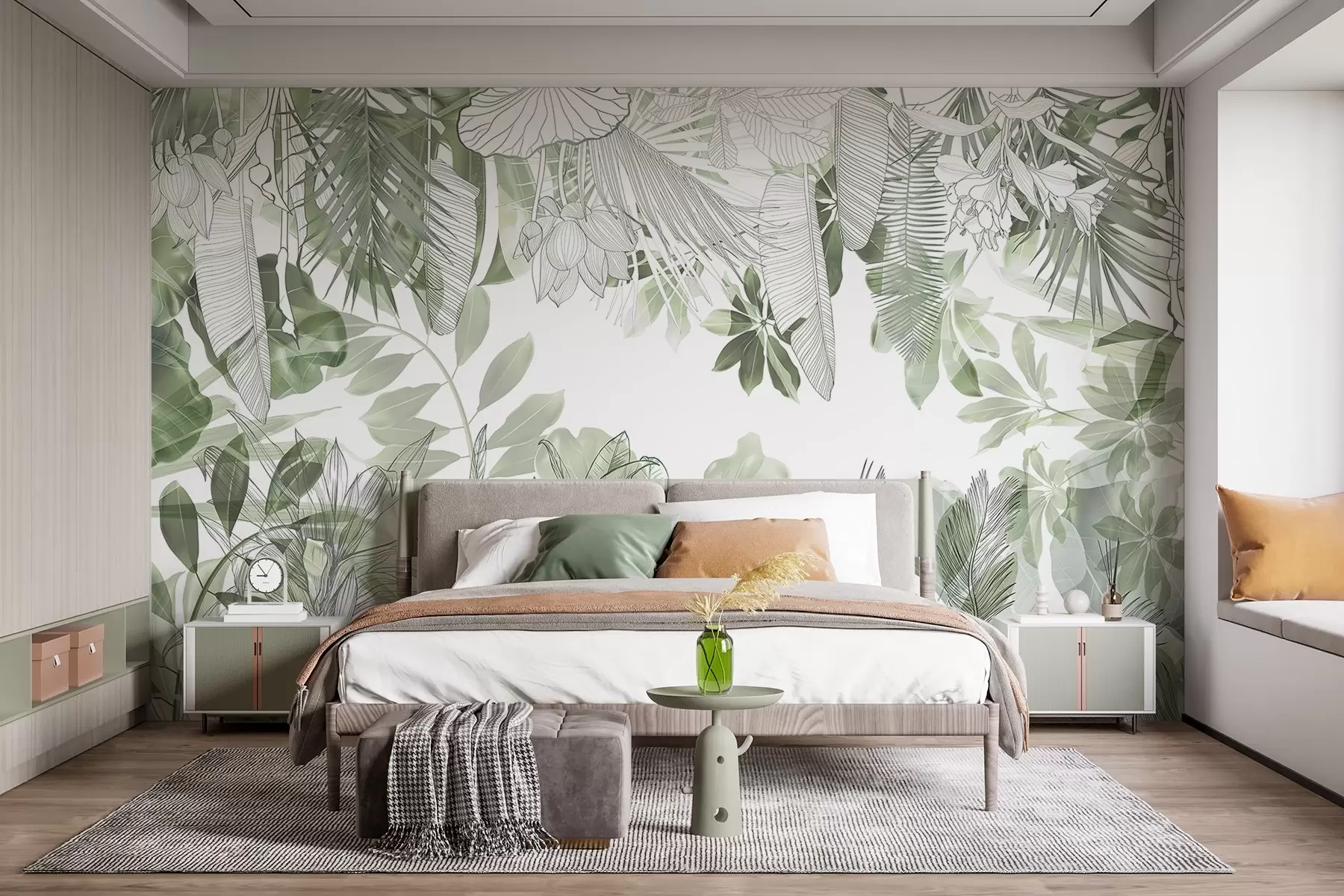 murais de parede Plantas e folhas tropicais com estampa de selva verde em um fundo branco w08823