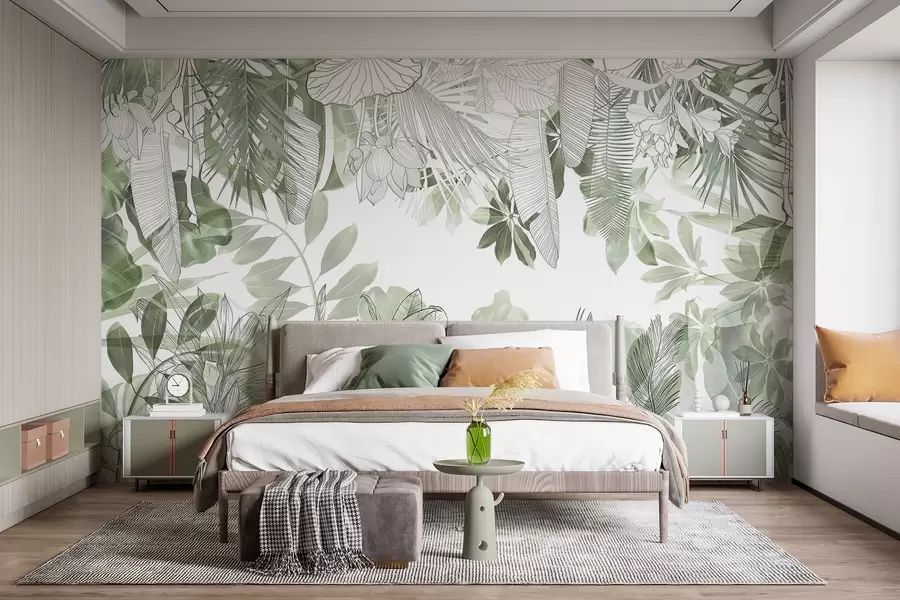 murais de parede Plantas e folhas tropicais com estampa de selva verde em um fundo branco w08823