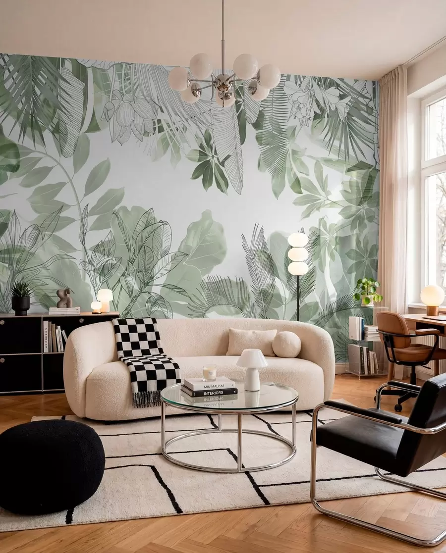murais de parede Plantas e folhas tropicais com estampa de selva verde em um fundo branco w08823