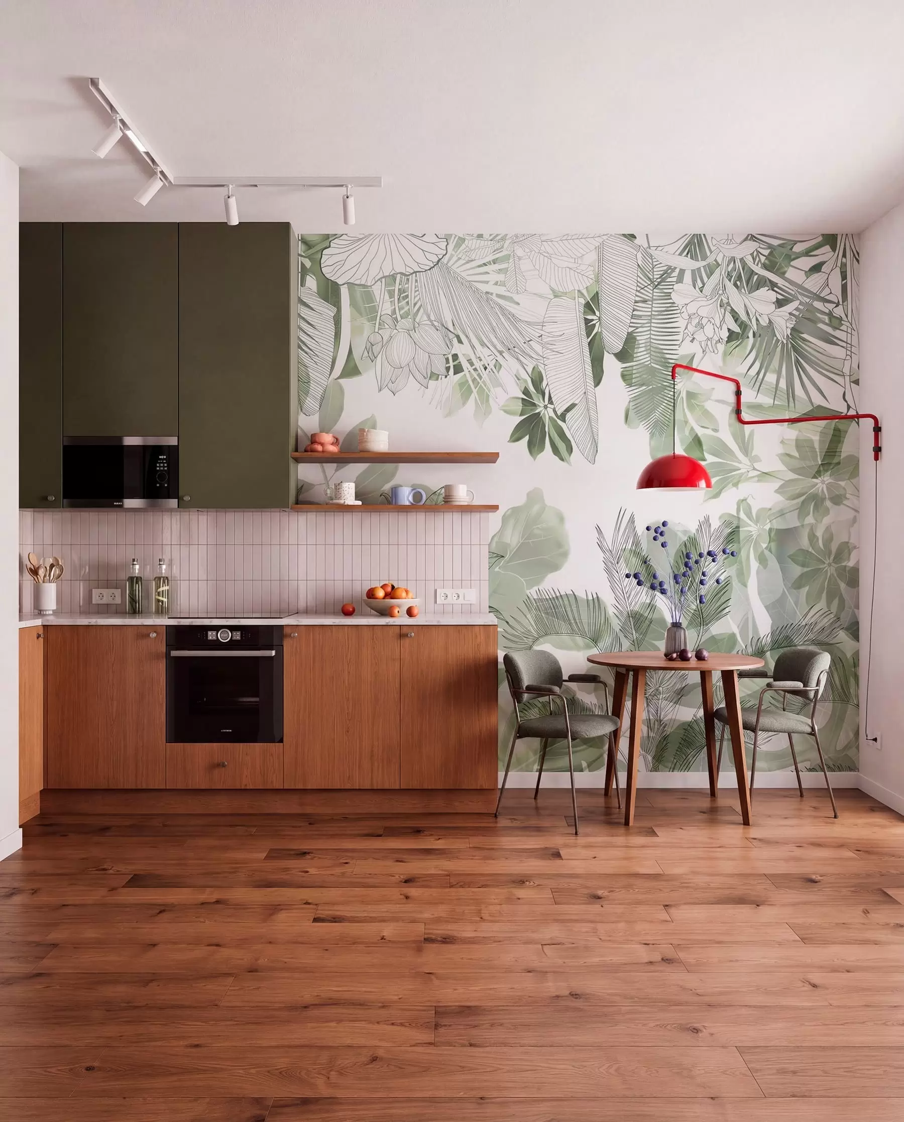 murais de parede Plantas e folhas tropicais com estampa de selva verde em um fundo branco w08823