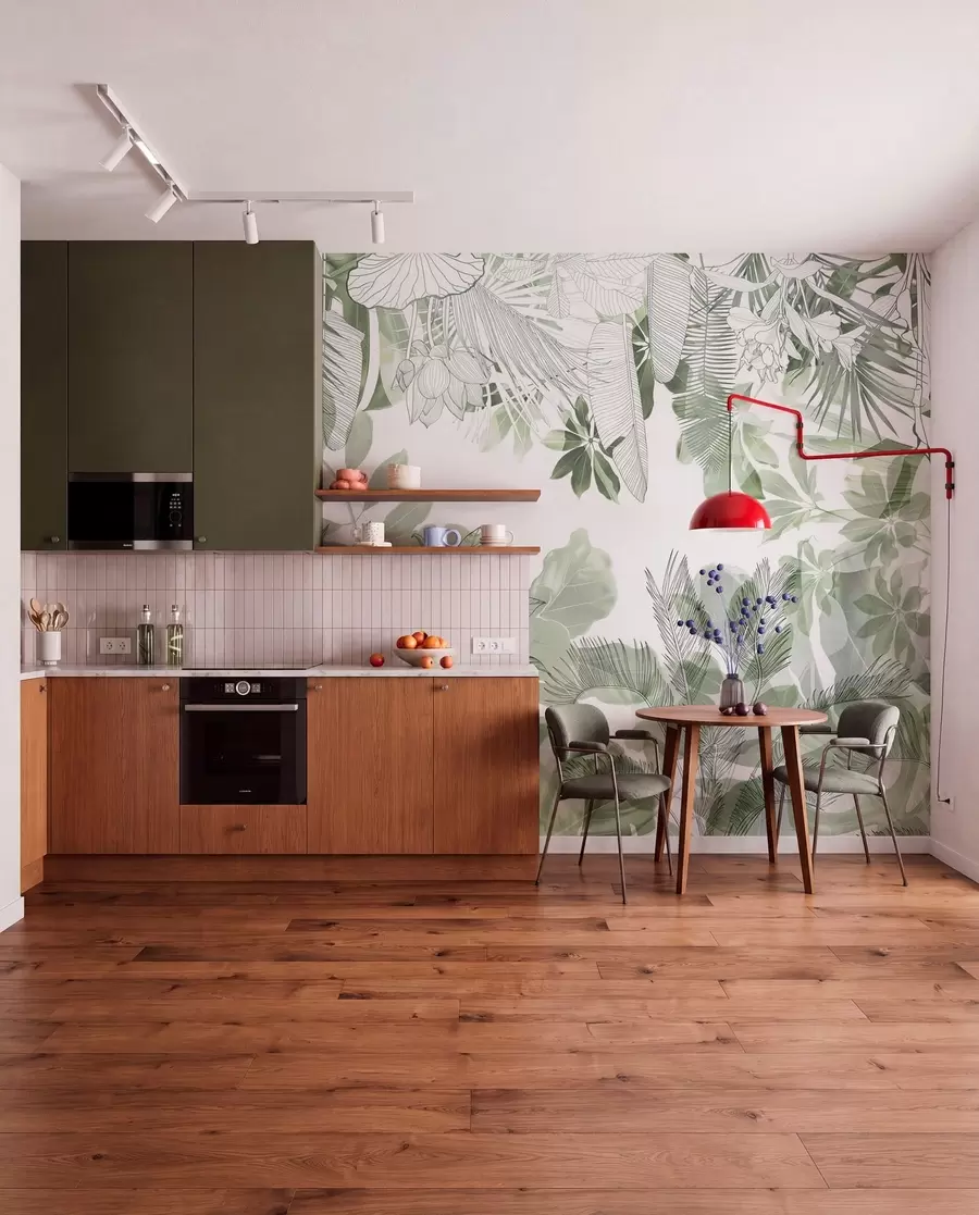 murais de parede Plantas e folhas tropicais com estampa de selva verde em um fundo branco w08823