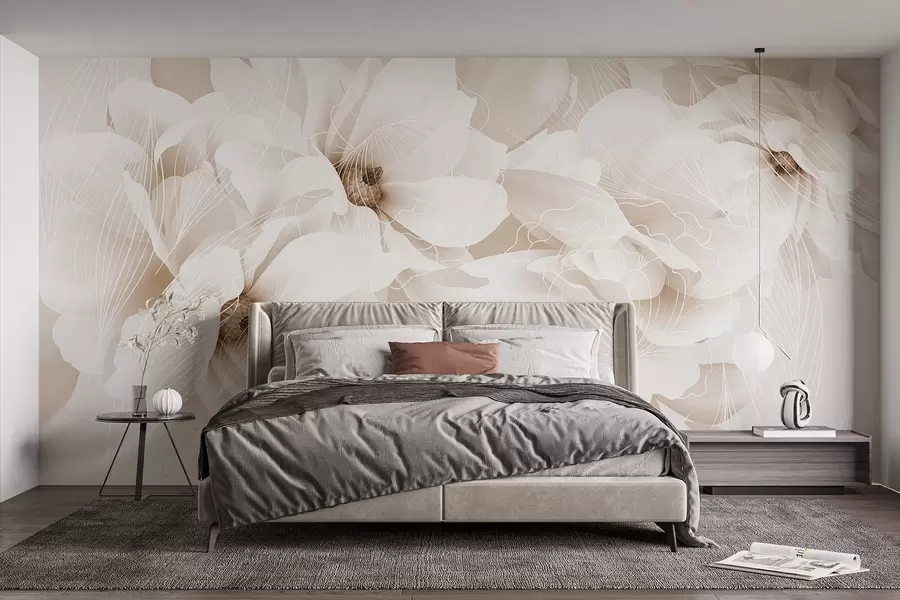 murais de parede Flores de peônia em tons pastéis com pétalas delicadas brancas e bege e linhas brancas em um fundo bege claro w08826v1