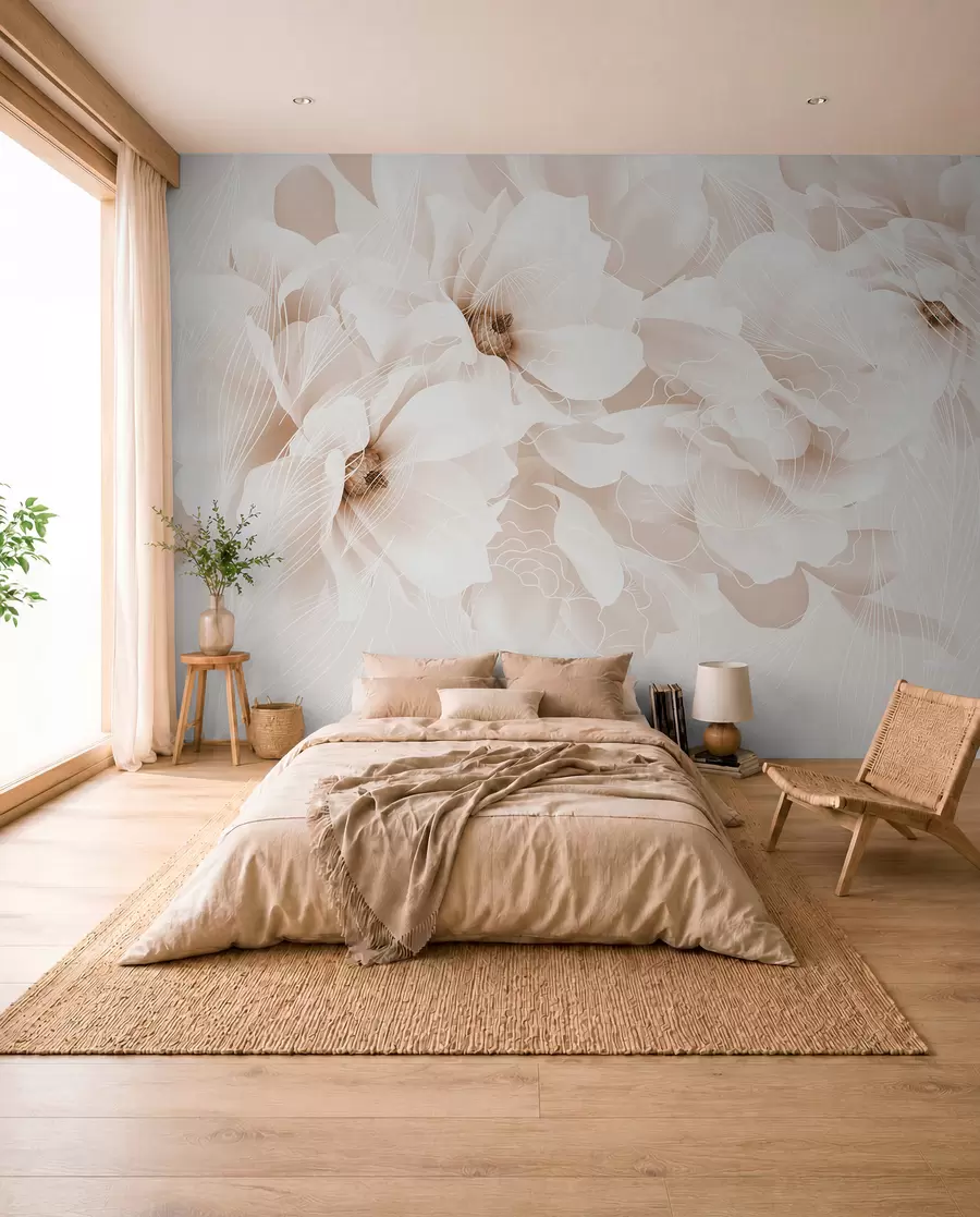 murais de parede Flores de peônia em tons pastéis com pétalas delicadas brancas e bege e linhas brancas em um fundo bege claro w08826v1
