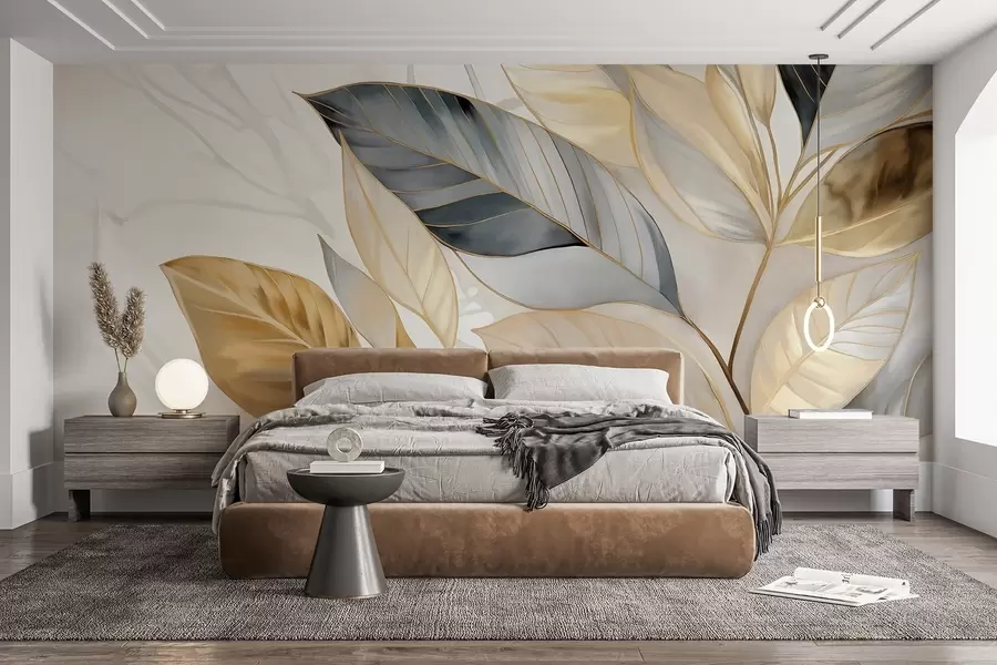 murais de parede Folhas grandes e delicadas em amarelo, cinza e branco em um fundo branco com textura abstrata w08828