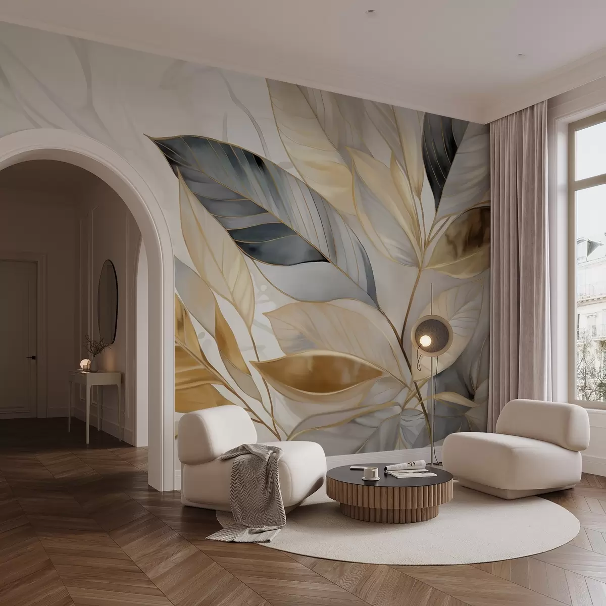 murais de parede Folhas grandes e delicadas em amarelo, cinza e branco em um fundo branco com textura abstrata w08828