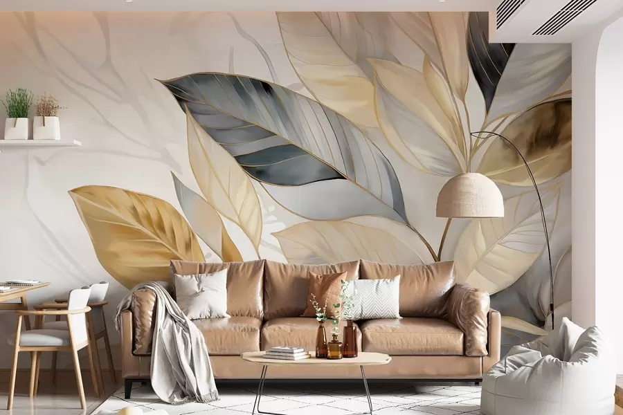 murais de parede Folhas grandes e delicadas em amarelo, cinza e branco em um fundo branco com textura abstrata w08828