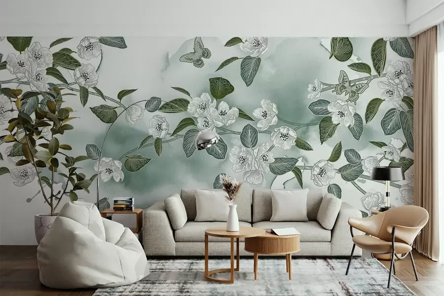 murais de parede Galho de cerejeira em flor com flores, folhas e borboletas em um fundo texturizado de aquarela verde-claro w08831