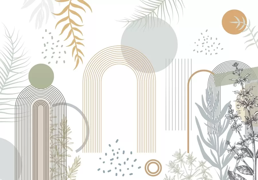 murais de parede Impressão abstrata com formas geométricas, arcos e folhas tropicais em um fundo branco w08835