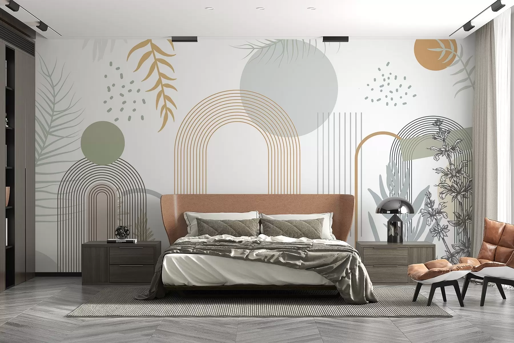 murais de parede Impressão abstrata com formas geométricas, arcos e folhas tropicais em um fundo branco w08835