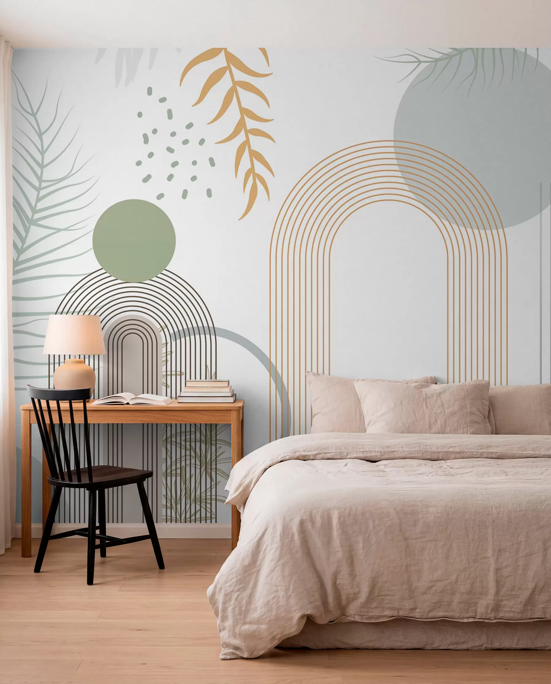 murais de parede Impressão abstrata com formas geométricas, arcos e folhas tropicais em um fundo branco w08835