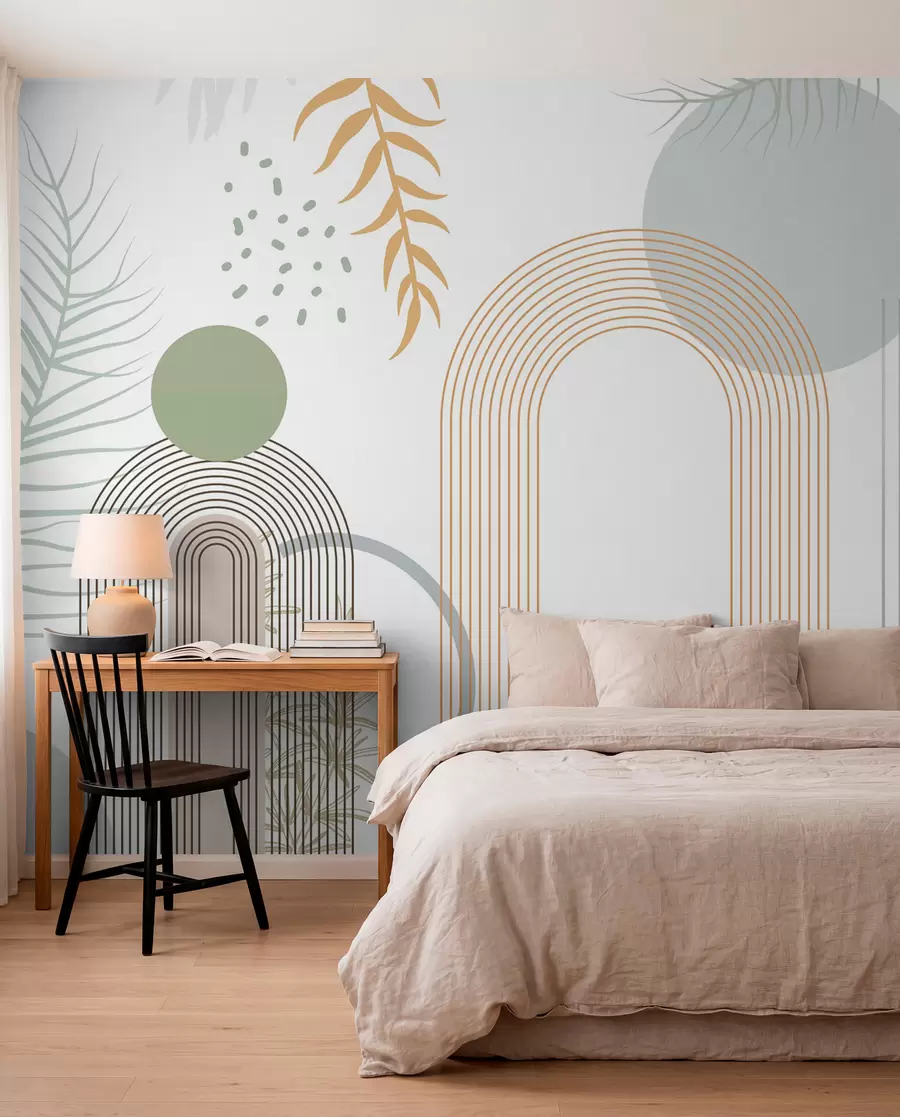 murais de parede Impressão abstrata com formas geométricas, arcos e folhas tropicais em um fundo branco w08835