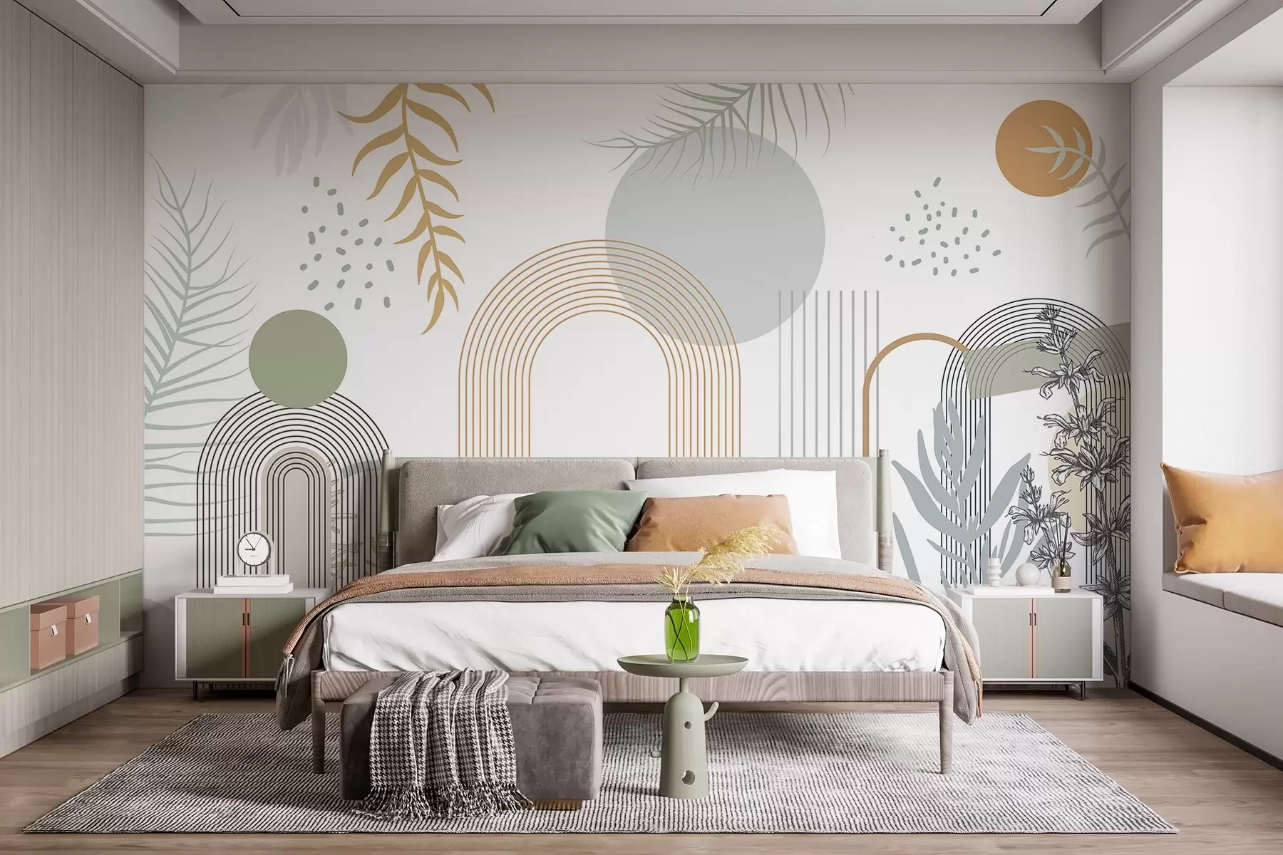 murais de parede Impressão abstrata com formas geométricas, arcos e folhas tropicais em um fundo branco w08835