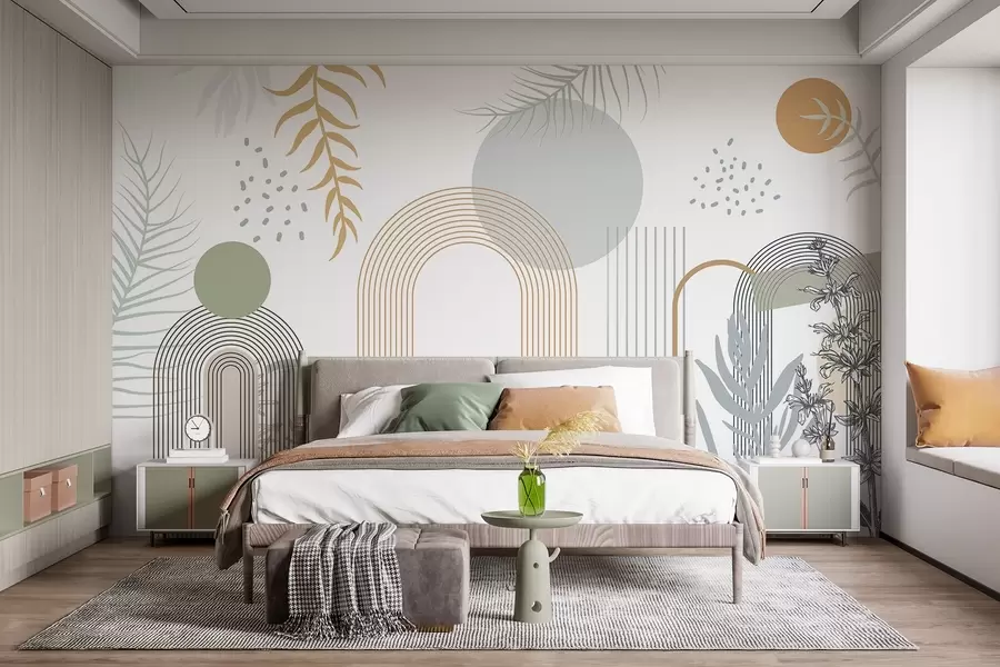 murais de parede Impressão abstrata com formas geométricas, arcos e folhas tropicais em um fundo branco w08835