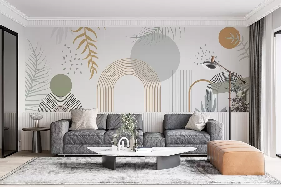 murais de parede Impressão abstrata com formas geométricas, arcos e folhas tropicais em um fundo branco w08835