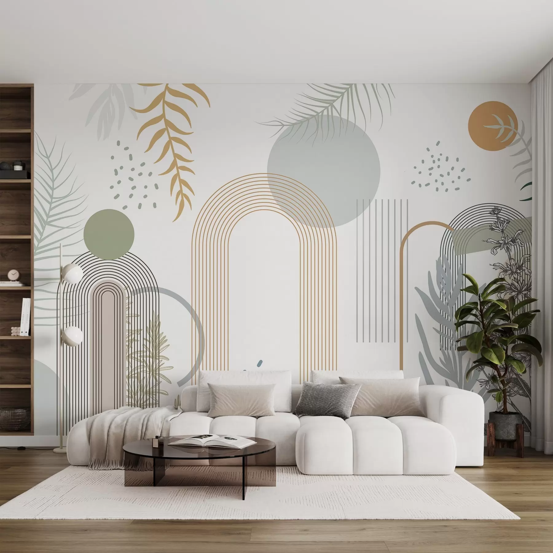 murais de parede Impressão abstrata com formas geométricas, arcos e folhas tropicais em um fundo branco w08835
